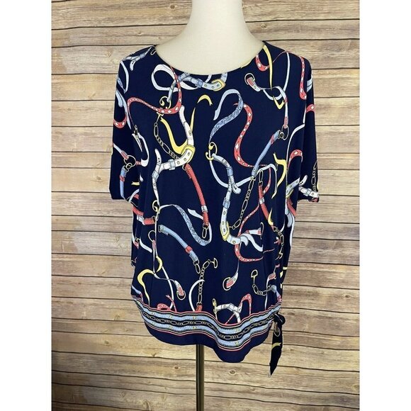 Rafaella Small Belt Chain Print Blouse Tie Side - Picture 1 of 11
